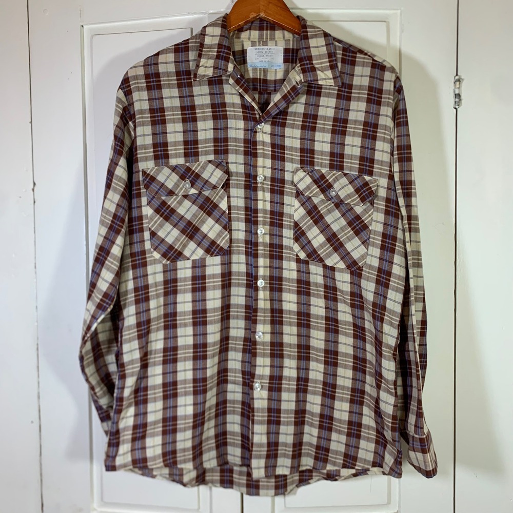 Vintage 70s Sears Fieldmaster Men Medium Plaid Perma-Prest Work Shirt Brown Blue